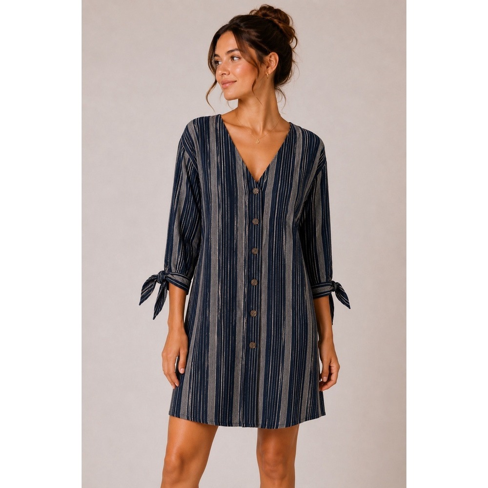 Umgee Dress Medium Striped Blue Long Sleeve Tunic Boho Festival
